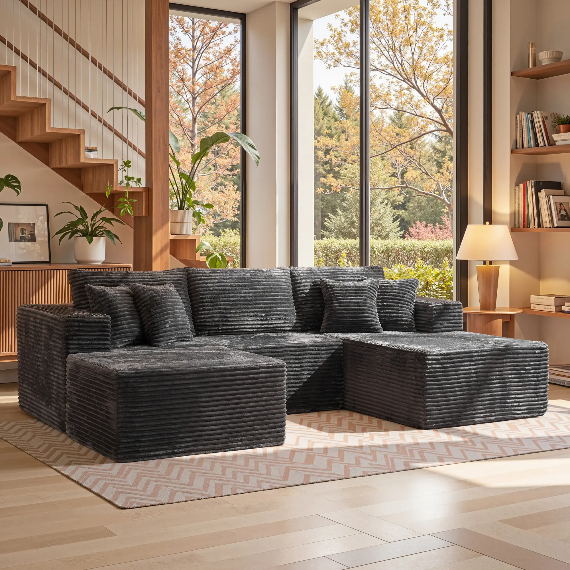 Grey Plush Corduroy Right Chaise