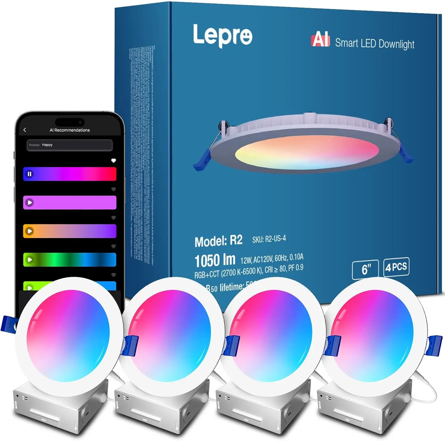 Lepro R2 AI Smart LED Recessed Lighting 6 Inch, RGB+Cool/Warm White APP Control Ceiling wafer Lights, Alexa & Google Compatible, 12W 1050LM Slim Canless Downlight, AI Generated Lighting, 2.4GHz WiFi, Dimmable Ultra-Thin 4-Pack For living room, Ai Facial E