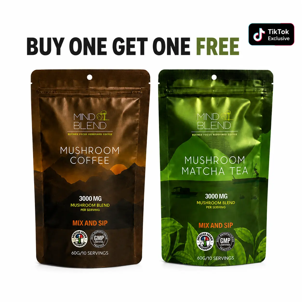 Mind Blend Duo Mushroom Instant Coffee Beverage - Lion's Mane, Cordyceps, Reishi, Turkey Tail, Chaga, USDA Organic, Gluten Free, Vegan, Made in USA, Adaptogens for Natural Energy, Gut Health, Mental Focus, Clean, Buy 1 Get 1 Free Product