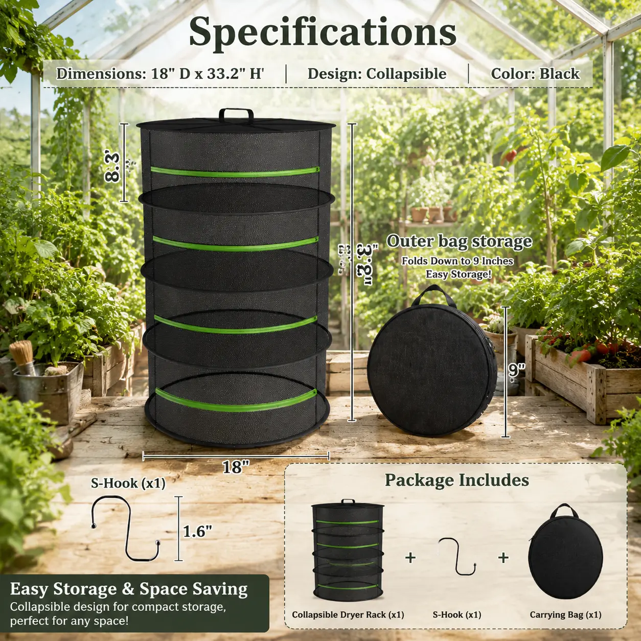 2–8-layer herb drying rack featuring a hanging drying mesh bag with a green zipper; foldable hydroponic drying mesh frame for drying seeds, herbs, flowers, buds, and various plants.Suitable for indoor tent planting and garden harvest storage; multifunctio
