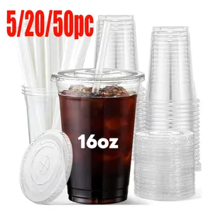 16oz Disposable Transparent Plastic Cup with Lid and Straw, Sturdy Coffee Cup for Ice Coffee, Cold Drinks, Smoothies, Takeout Beverages