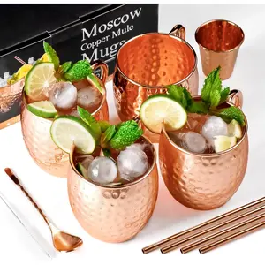 Moscow Mule Mugs 4pcs Set of 16oz Copper Cups Handcrafted Traditional Design Insulated Reusable Gift Set with Straws Spoon Cleaning Brush & Shot Glass