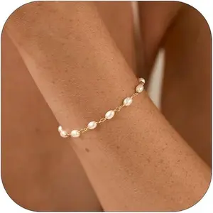 Veliora Gift B Pearl Bracelets for Women Pearl Beaded Bracelet Dainty Gold Chain Jewelry Gifts Wedding Jewelry for Brides Bridesmaid