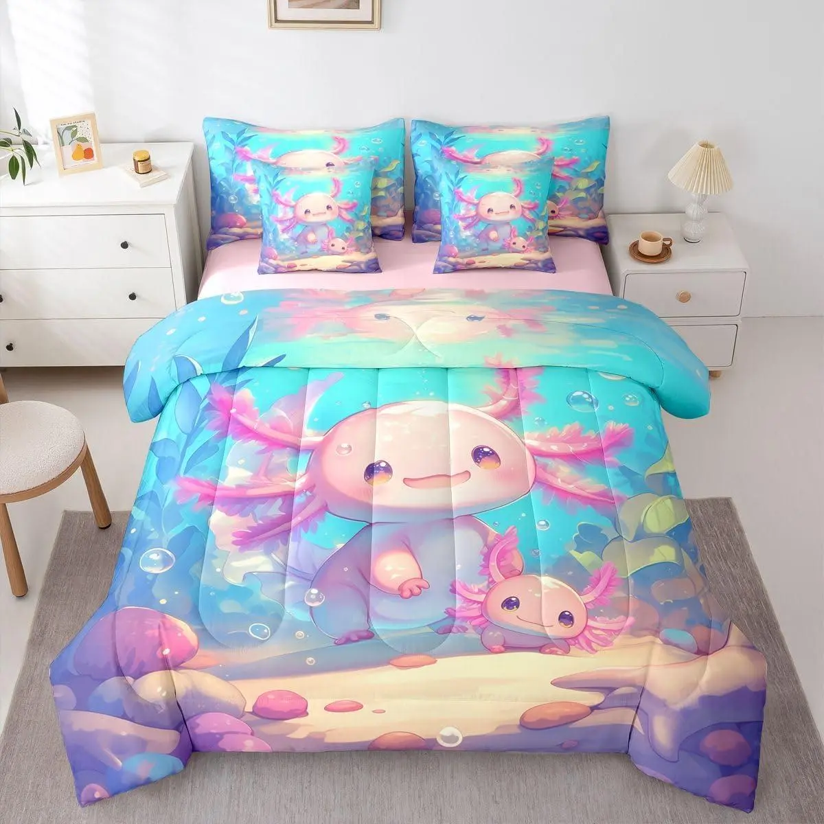 Axolotl 7 Piece Bedding Set,Seaweed Comforter Set with Sheets Cute Axolotls Bubbles Dreamy Bed in a Bag Ocean Animal Underwater Blue Pink for Kids Boys Girls
