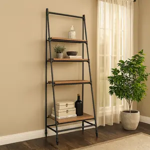 Black Metal Leaning Ladder 5 Tier Storage Shelving Unit with Wooden Shelves