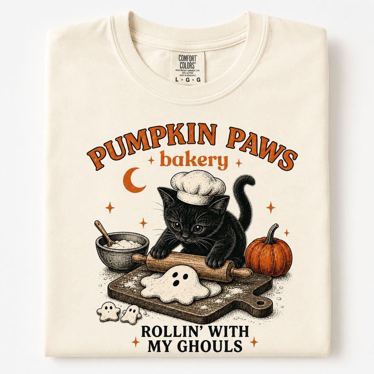 Comfort Colors Pumpkin Paws Bakery Cat Shirt, With My Ghouls Halloween Tee, Cat Baking Pumpkin Graphic Shirt, Cozy Autumn Cat Lover Gift