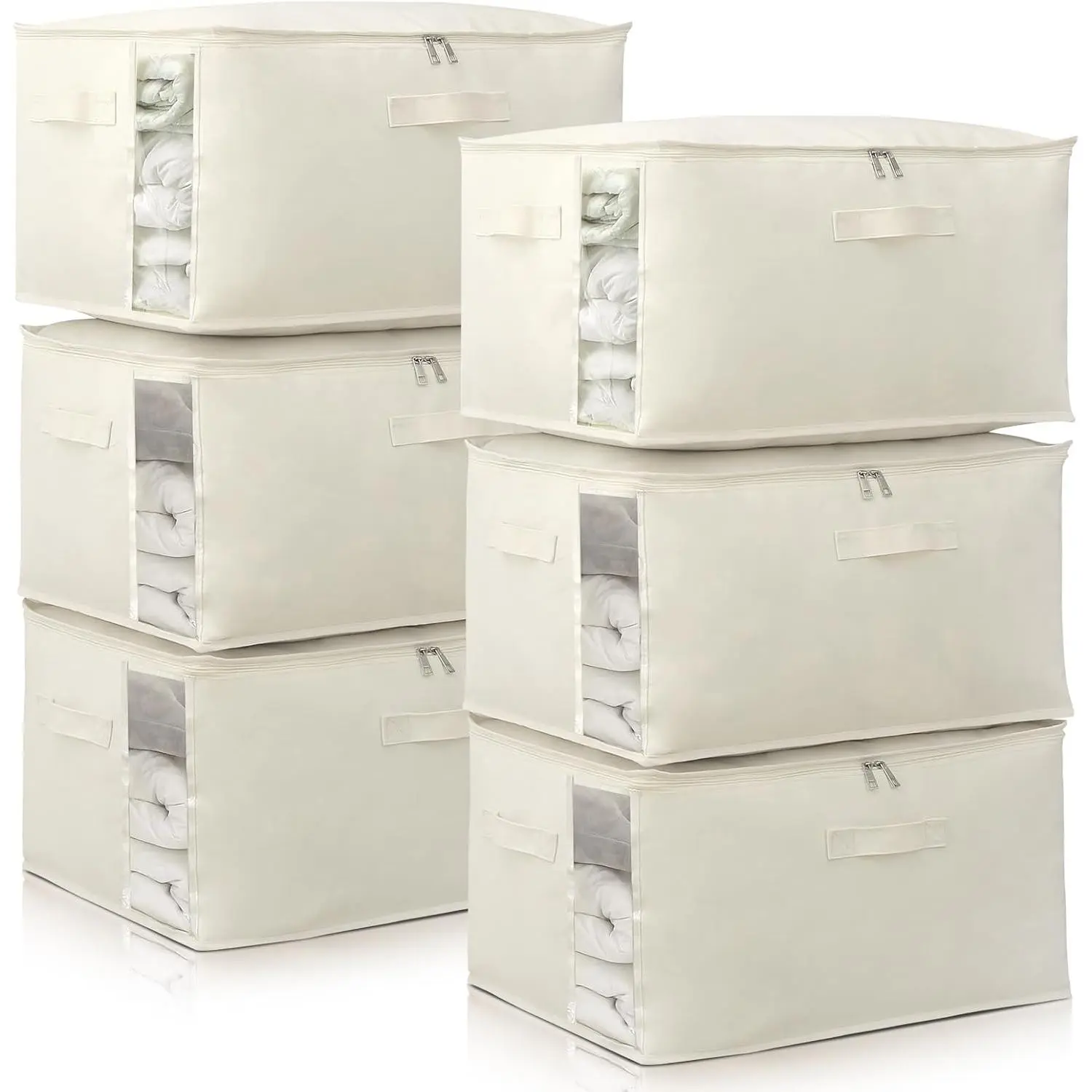 Canvas Comforters Bags Closet Organizers and Storage for Quilts Clothes Organization Containers Bins with Sturdy Zipper, Clear Window 75L for Sweaters Blankets Storage Bedroom Collapsible 6Pack