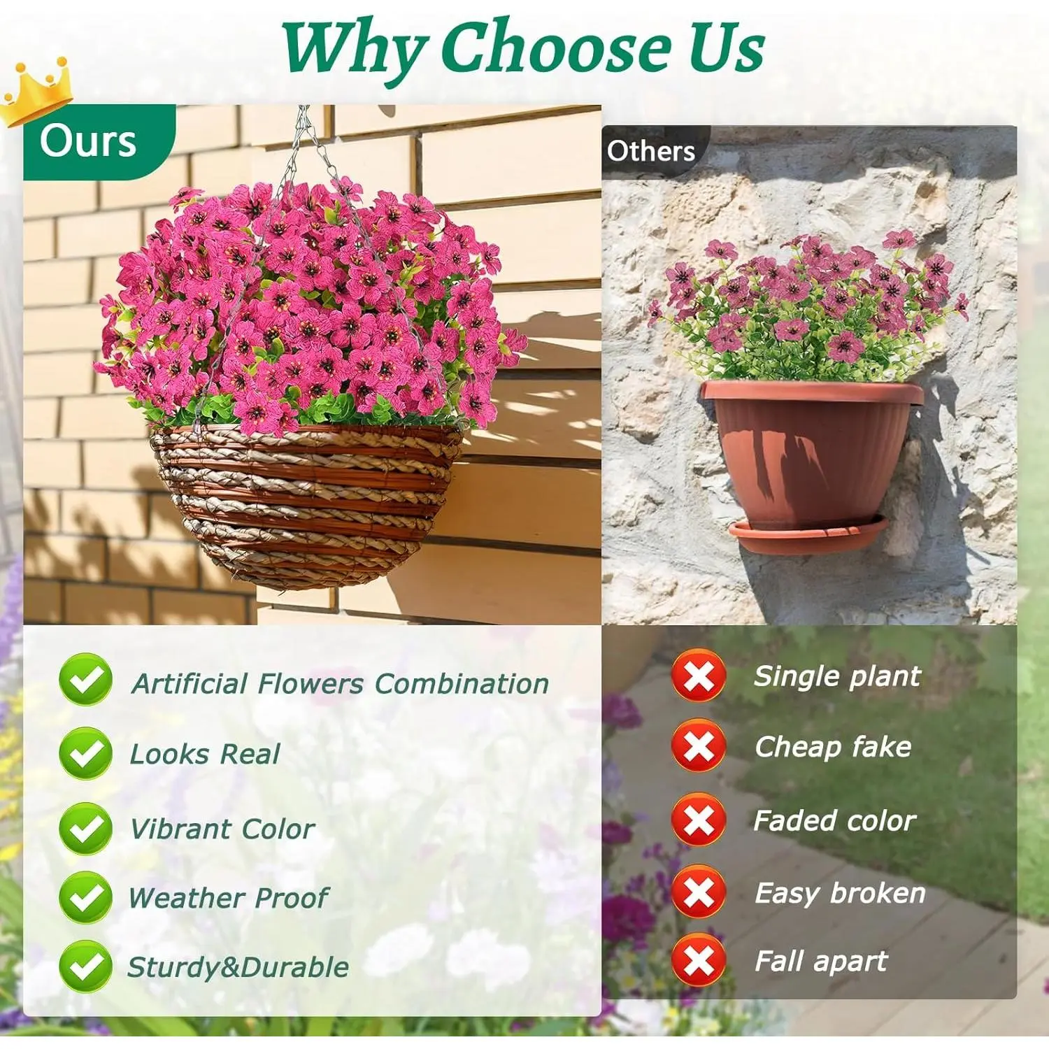 Elyum UV-Resistant Decorative Artificial Rose Red Flowers, 9 Bundles Faux Outdoor Plants for Porch Window Box Decoration