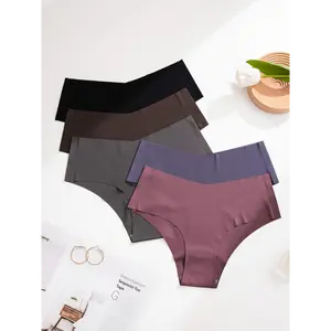 [Popular Choice] 5pcs Mid-Rise Seamless Hipster Panties, Nylon and Elastane, Solid Color, Knit Fabric