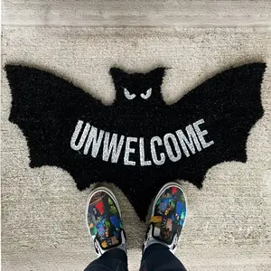 Halloween Party Porch Decor Mat, Black "UNWELCOME" Bat Style, Polyester Machine Washable Easy to Clean, Indoor/Outdoor Durable Welcome Mat