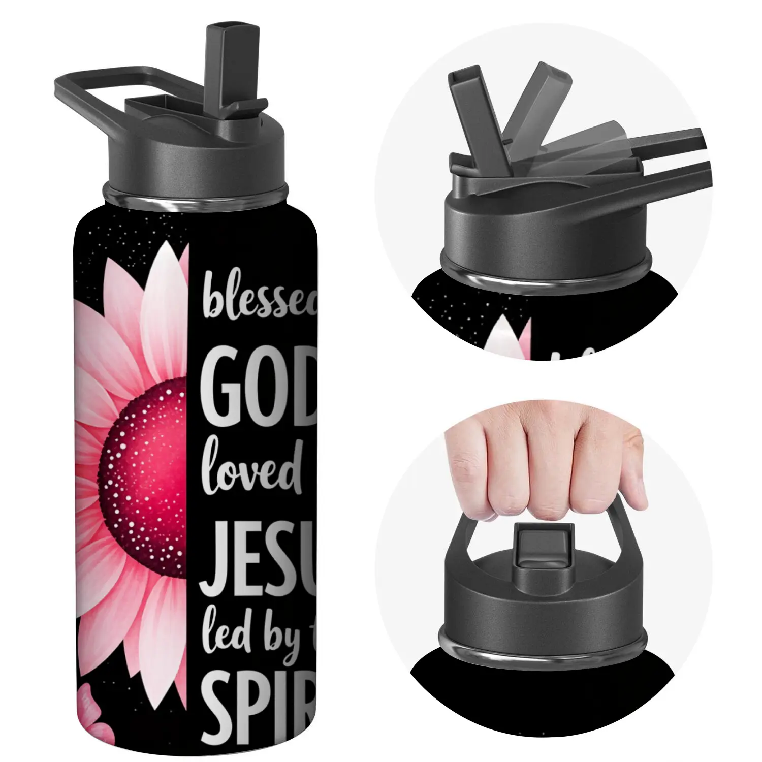 Stainless Steel Water Bottle with Flip Lid - Black, Pink Sunflower and Inspirational Bible Verse Blessed God Loved Jesus Led by Spirit Design - Ideal for Gym, Hiking, Daily Use