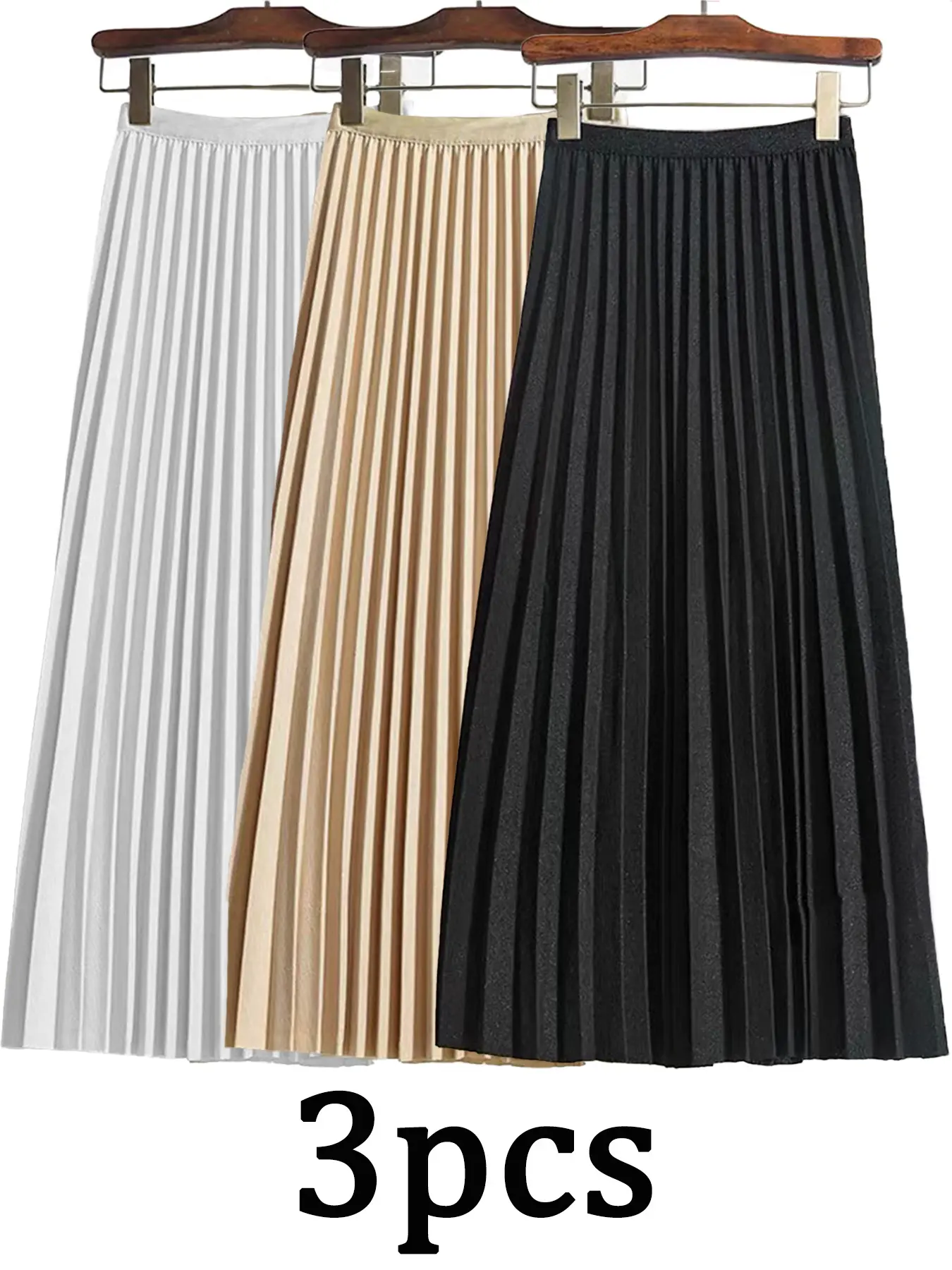 3pcs Solid Pleated Hem Skirt, Casual Midi Skirt For Spring & Summer, Women's Clothing