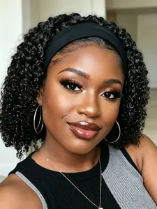 Headband Pixie Cut Wig, Human Hair Wig, Machine Made, Kinky Curly, 180% Density, Daily Party Use, Gift Wig