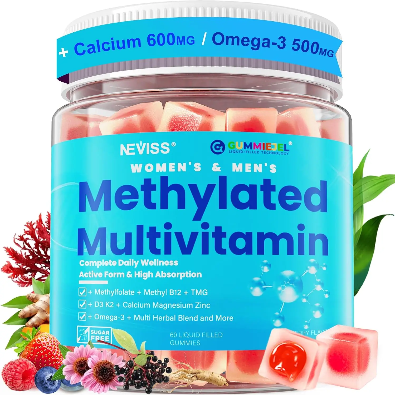 Methylated Multivitamin for Women & Men Gummies w/ Omega-3, Calcium, D3 K2, Methylfolate & B12, TMG, Daily Vitamins, Mag, CoQ10, Probiotic for 18 30 40 50 60 70+, Overall Health - Vegan, Sugar Free