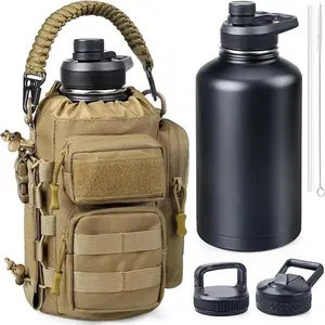 64 oz Insulated Water Bottle with Sleeve, Half Gallon Stainless Steel Tactical Water Jug Large Military Water Bottle with 3-IN-1 Pouch/3 Lids/Straw/Paracord Handle for Gym, Camping, Workout