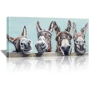 Funny Donkey Wall Art Framed 16*32 Inch Four Donkeys Making Silly Faces Behind Fence Farm Animal Canvas Print for Living Room, Bathroom, Rustic Country Decor