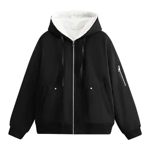 Women's Black Faux Shearling Coat with Hooded Jacket Lined - Warm Zip Up Winter Coats (With Workwear Pockets)