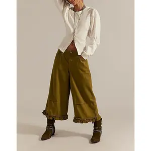 Wide Leg Denim Culottes for Women High Waist Ruffled Hem Cropped Pants Comfortable Summer Casual Loose Fit Fashionable Wide Leg Denim Pants for Women