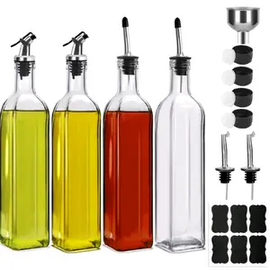 Premium Glass Olive Oil 4 Pcs Set 17oz Dispenser Bottle with 6 Flip-Top Spouts 6 Labels & 1 Funnel for Kitchen Cooking Oil Vinegar Sprayer Set Utensils