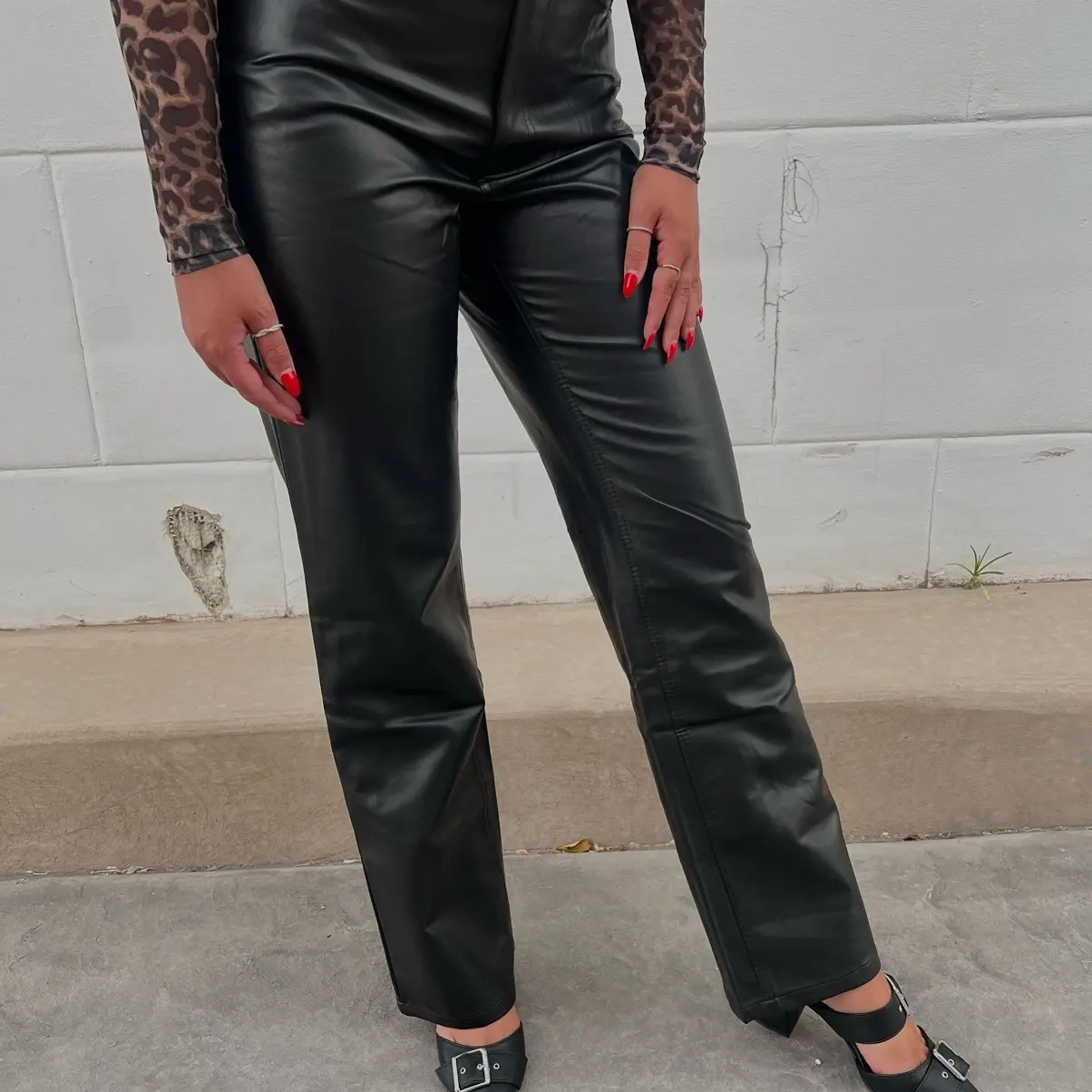 High-waisted Black Leather Straight Leg Pants