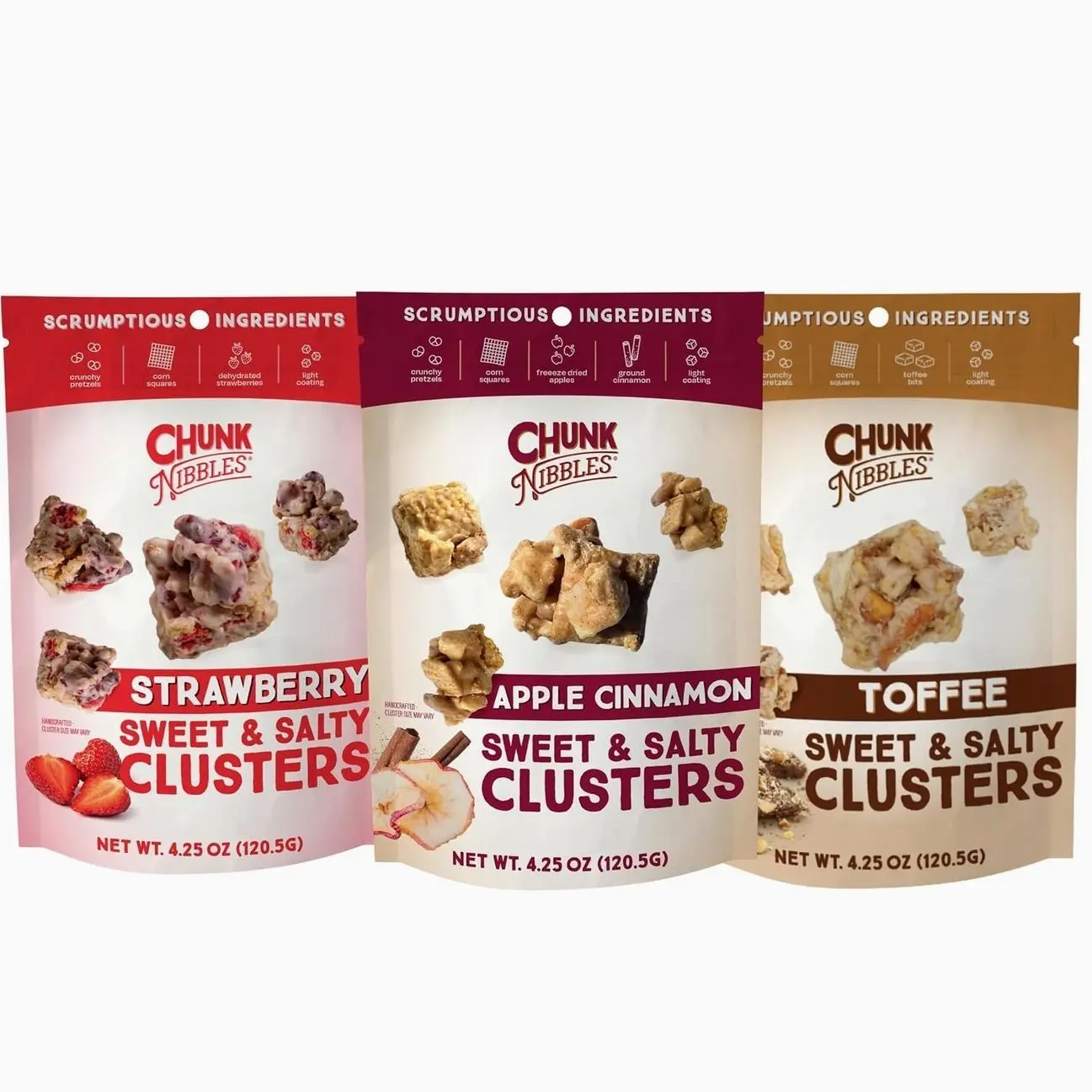 Chunk Nibbles Variety Snack Pack - Strawberry, Apple Cinnamon, Toffee Clusters - Gourmet Sweet & Salty Treat - Handcrafted, No Artificial Colors - 4.25oz Resealable Pouch (3 Pack)