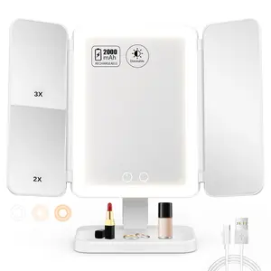 Lighted Makeup Mirror, 3X Magnification Trifold  Mirror with 64 Eye-Caring LED Lights, 3 Color Modes & Stepless Dimming, 2000mAh Rechargeable Cordless Mirror for Travel  Desk Use