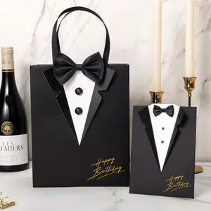 Crisky Black Birthday Gift Bags for Men with Card & Tissue Paper - 3D Tuxedo Real Bow Tie & Buttons - Cool Birthday Gifts for Dad Husband Him Boss Boys Boyfriend Bday Decoration Party Favors Idea