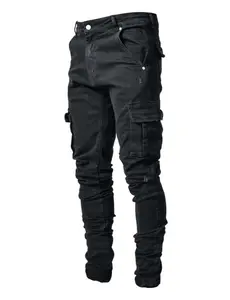 Premium quality men's classic cargo skinny biker jeans, Chic Street Style Streetwear, Slim Fit Jeans, 6 Pocket Stretch Skinny Denim Pencil Pants Menswear Distressed ，Trouser Human Beige Plain.