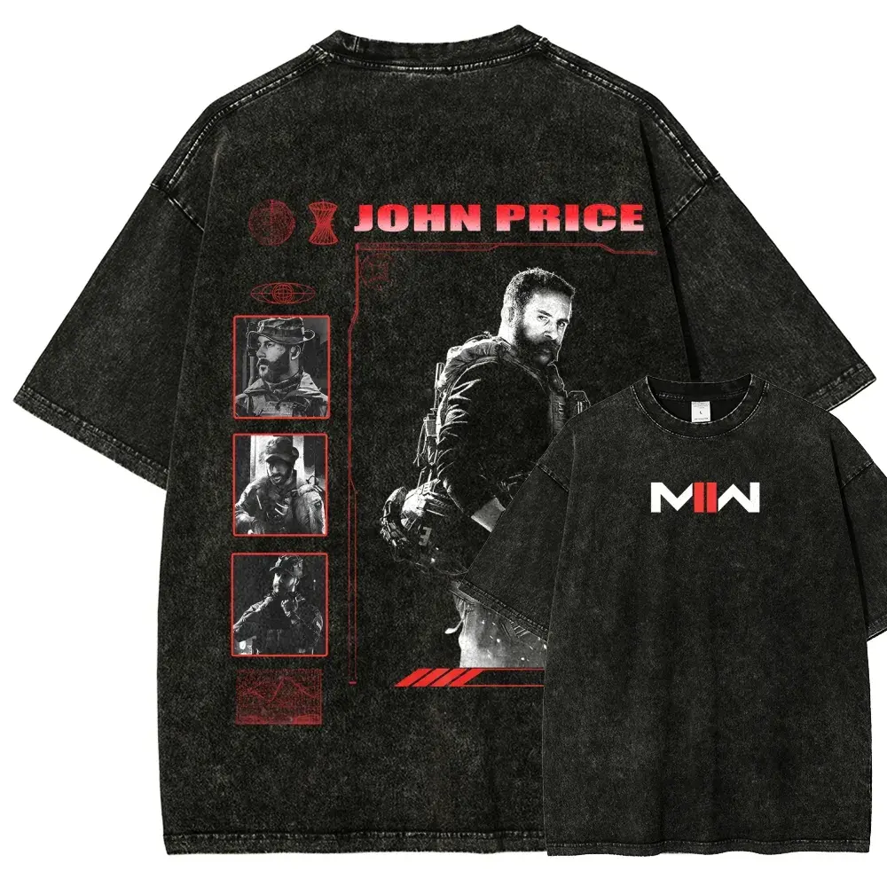 Call of Duty Modern Warfare John Price Character Graphic Washed T Shirt, Black Oversized Tactical Vintage Cotton Tee with Military Operator Artwork,Distressed Streetwear Shirt for COD MW Fans,FPS Gamers,Gaming Collectors,Outdoor Activities and Casual Wear