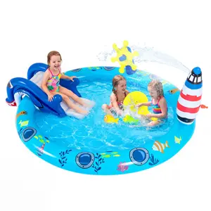 74 Inch Inflatable Kids Spray Pool, Shark Water Slide Play Center, Lighthouse Sprinkler Splash Pool, Backyard Water Play for Toddlers and Kids Ages 2 to 6