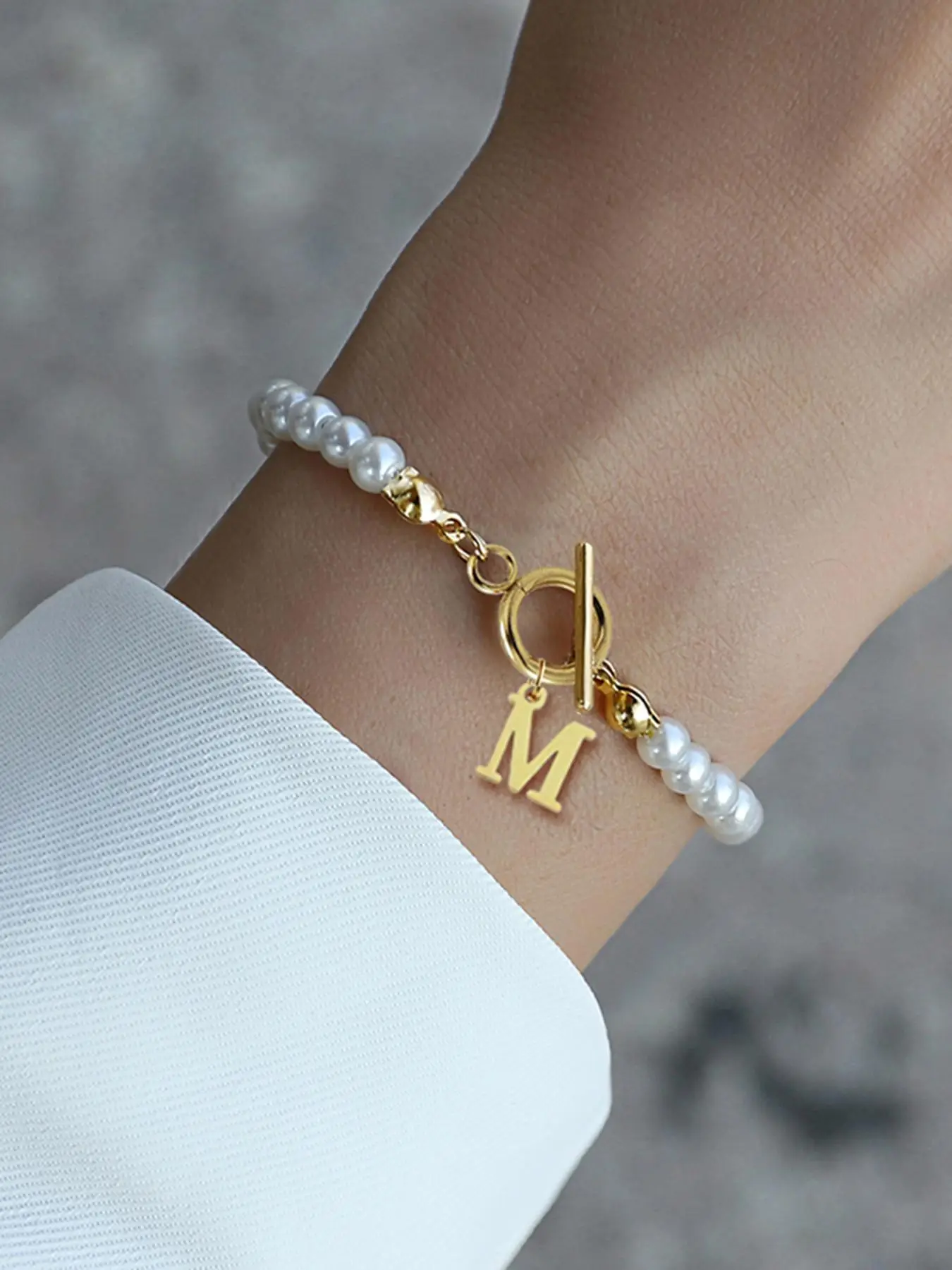 Women's Elegant Faux Pearl Decor 26 Letter Design Bead Bracelet, Trendy Exquisite Matching Bracelet, Chic Gorgeous Jewelry As Gift for Girlfriend