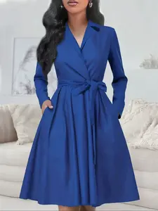 Elegant Women's Long Sleeve A-Line Dress, Office & Party Wear, Waist-Curling Design, Perfect for Work & Social Events