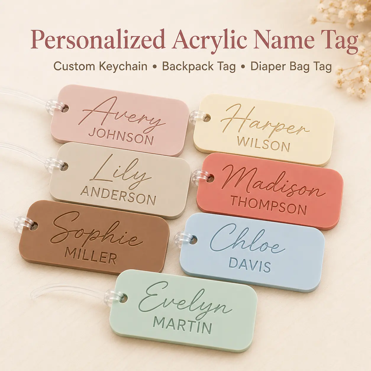 Personalized Acrylic Name Keychain, Custom Backpack Name Tag, Kids School Bag Tag, Water Bottle Name Charm, Diaper Bag Tag, Custom Gift