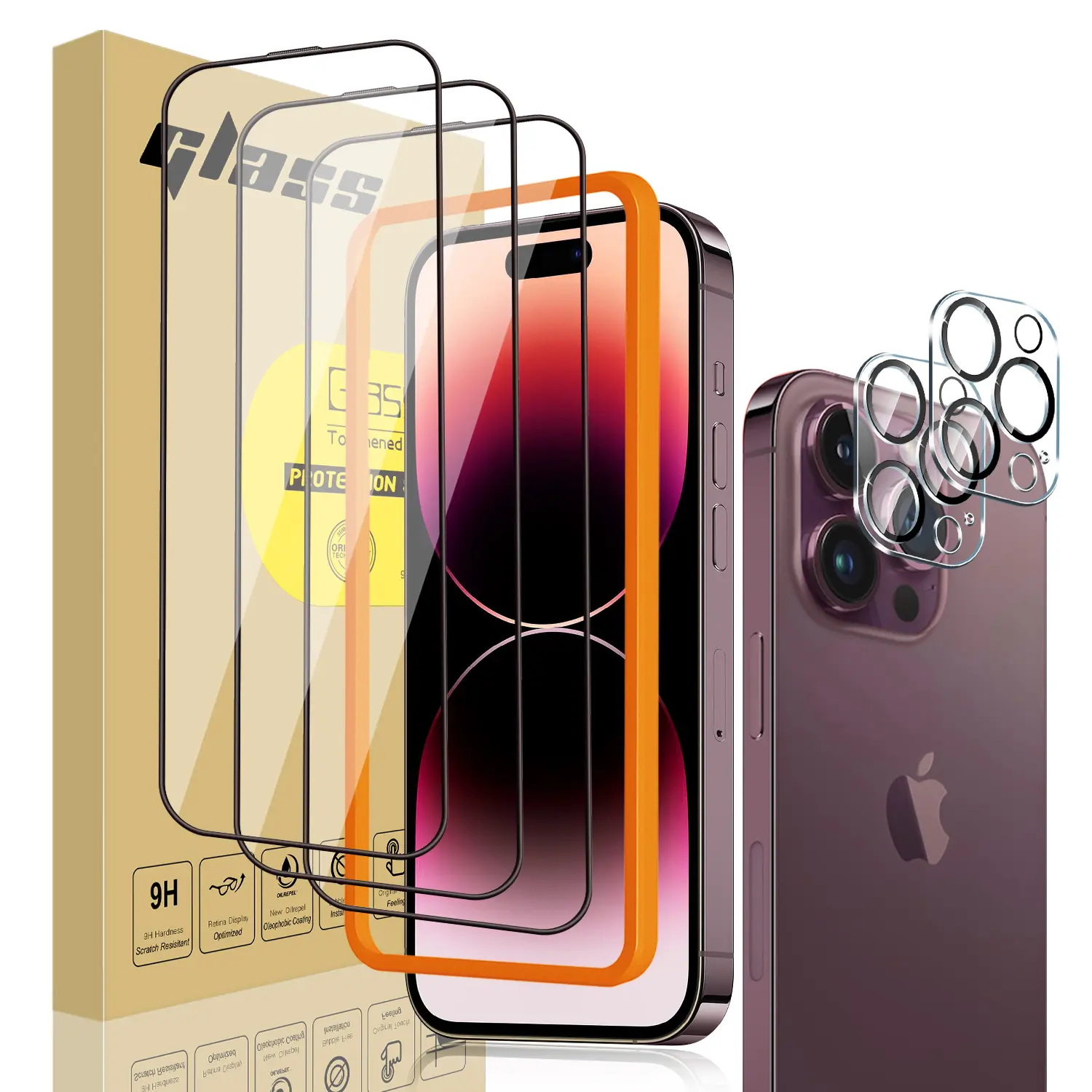 5-in-1 Protective Set for iPhone 16 15 14 13 Pro Max Plus, 3 HD Tempered Glass Silk-Printed Full Cover Screen Protectors with Black Border + 2 Camera Lens Protectors, Shockproof Anti-Fingerprint Phone Accessories