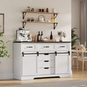 GARVEE 47.2" Farmhouse Buffet Cabinet and GARVEE 6 Drawers Dresser with Mirror, Featuring Sliding Barn Doors, Multiple Drawers, White Finish, Ideal for Dining Room, Kitchen, Bedroom, and Living Room