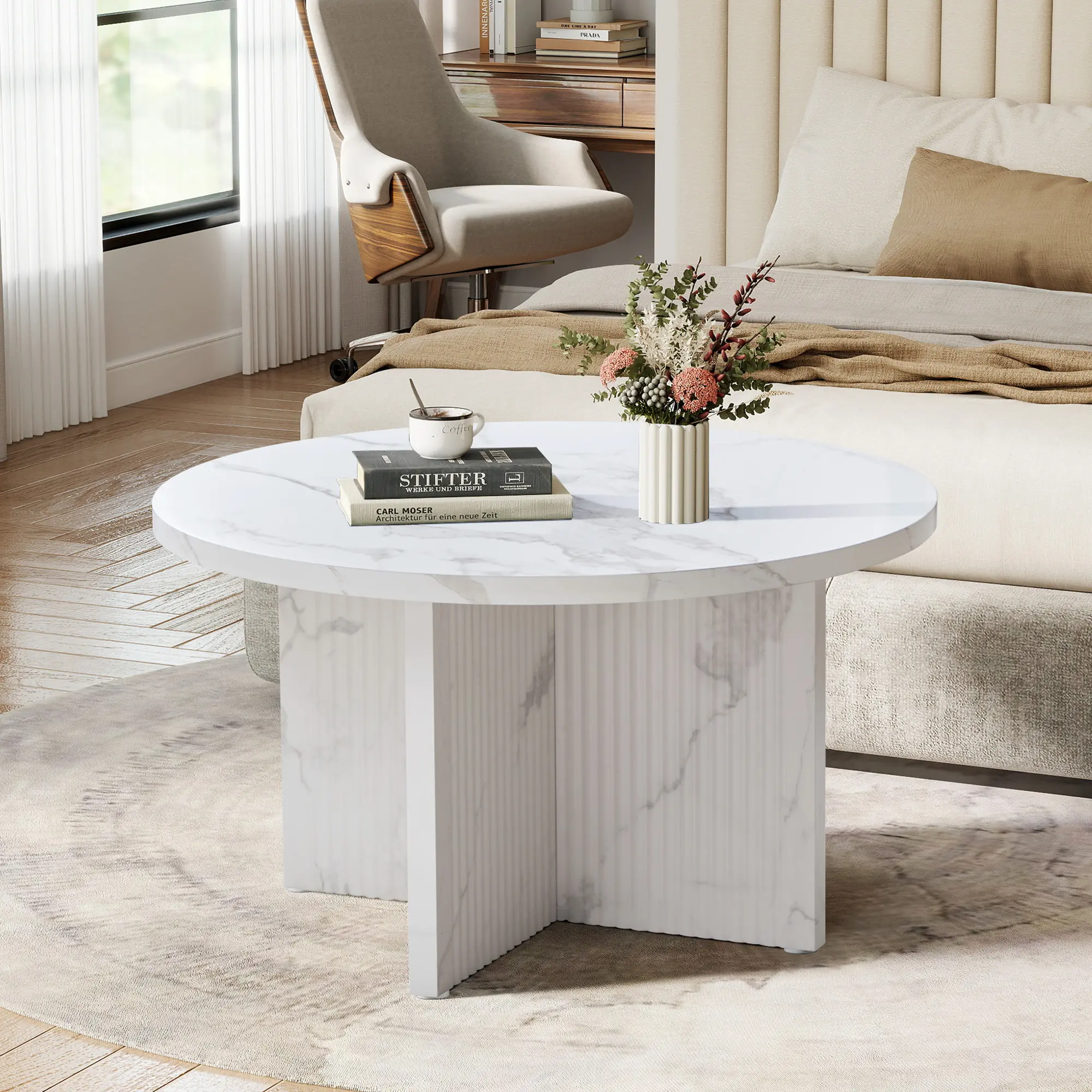 Giratree 31.5" Round Artificial Marble Effect Coffee Table - Compact Design Contemporary Small Center Table with Scalloped Fluted Base, High-Density MDF Wipe Clean Space-Saving Living Room Indoor Furniture