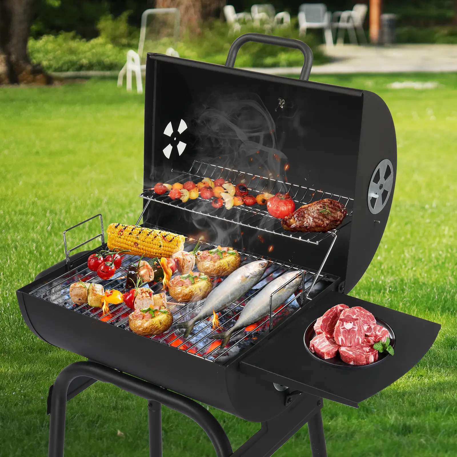 High-Temp Smoked Carbon BBQ Oven – Black Cylinder Grill with Side Panels & Wheels | Outdoor Charcoal Cooker