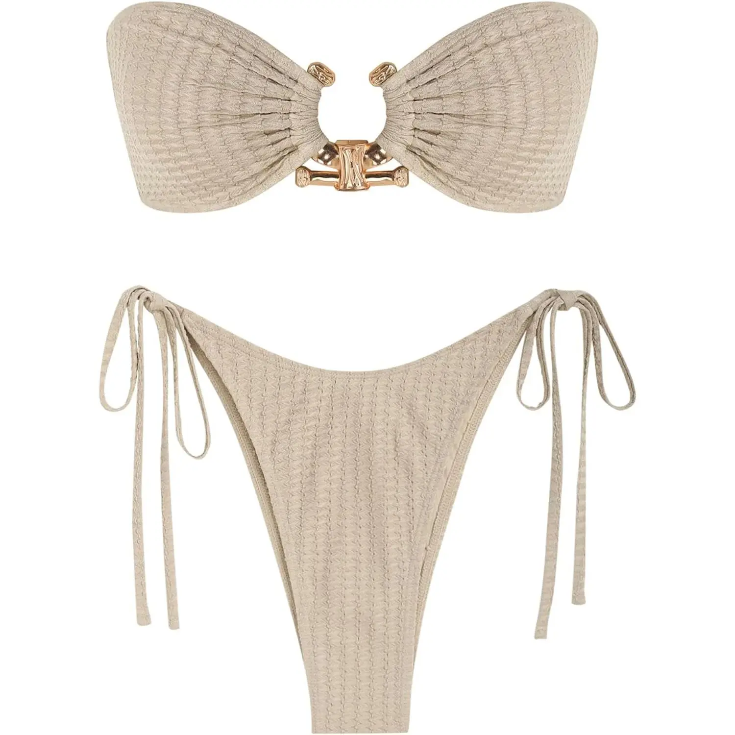 Metal Ring Beau Bikini Set Tie Side Bathing Suit High Cut 2 Piece Swimsuit Cutout Swimwear