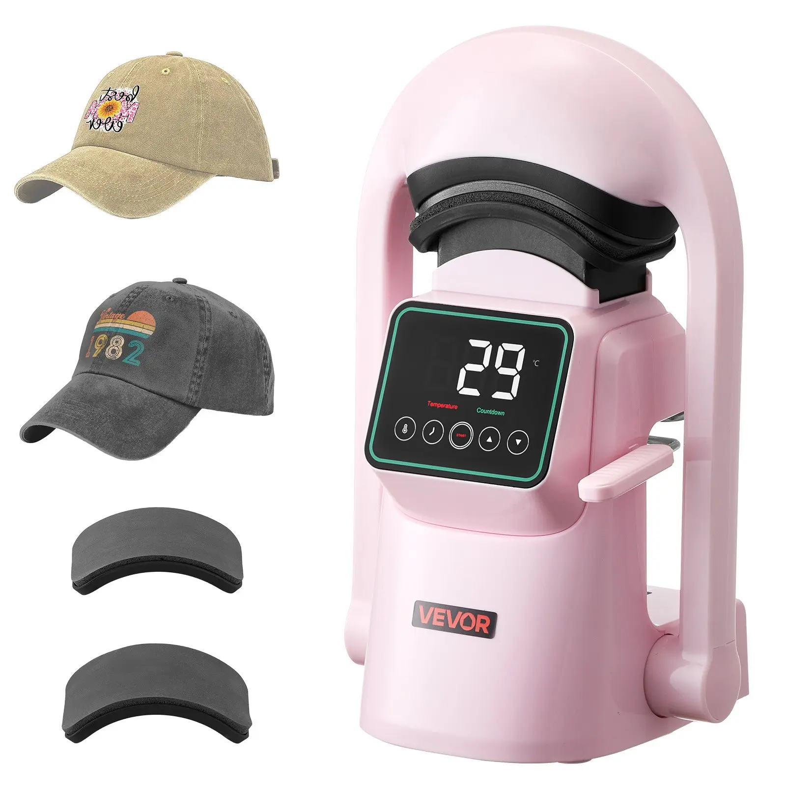 VEVOR 350W Hat Heat Press Machine - 2 Interchangeable Platens, Auto Release, Auto Shut-Off, Touchscreen UI, Precise Time & Temp Control, 9.45x8.66x15.5in Compact Heat Transfer Printer for Caps Hats Home Crafting, 9.92 lbs, PinkSummervibes, Small Compact