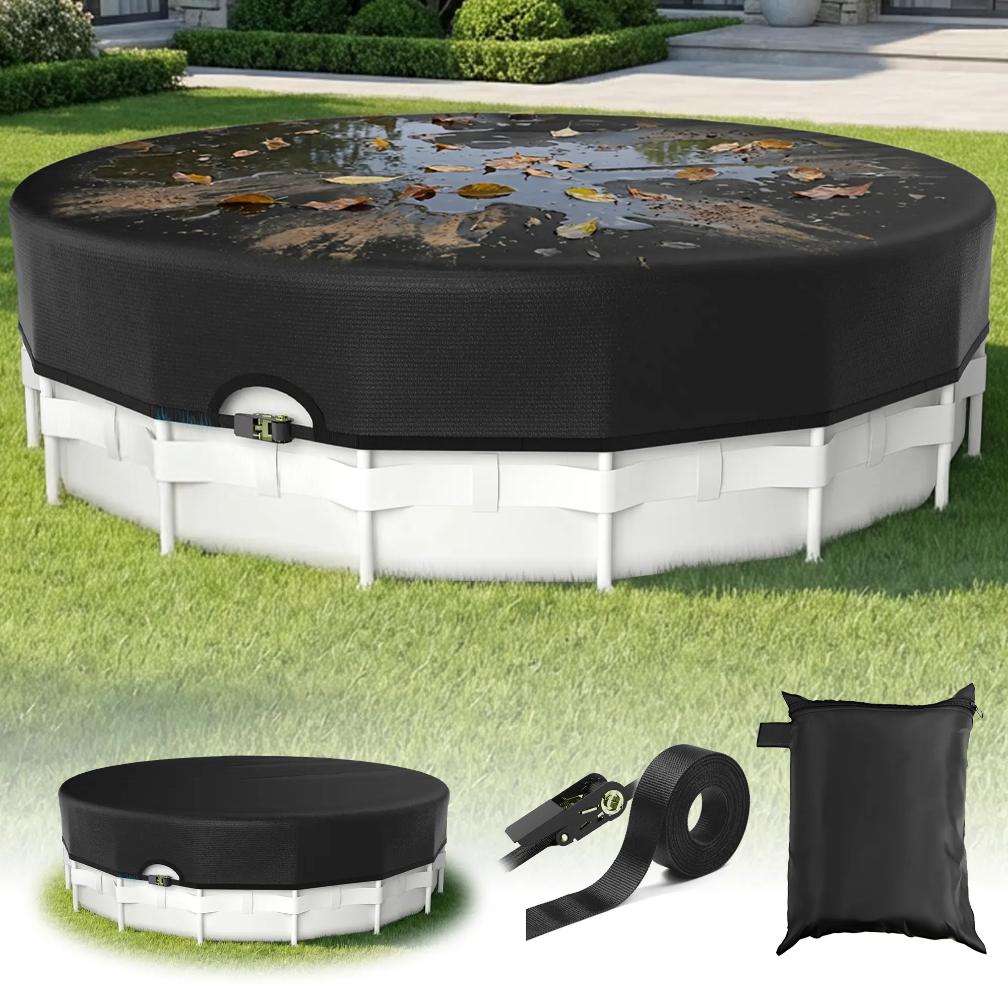 12FT Round Inflatable Above-Ground Pool Cover - Heavy-Duty Oxford Fabric, Tough, Wind-Resistant, UV-Resistant, Waterproof, Dustproof Backyard Pool Cover with Metal Mechanical Latches, Above-Ground Pools
