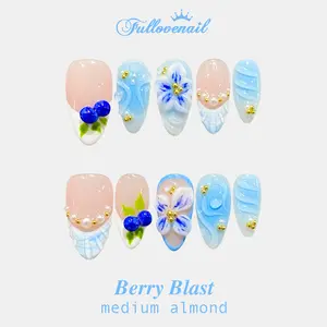 Fullovenail Almond Shape 10 PCS Berry Blast  Handmade Press on Nail REUSABLE 3D Gel Fake Nails Acylic Press on Nail/Summer 2025
