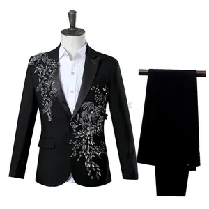 Elegant Appliqued Mens Suits Slim Fit 2 Piece Formal Tuxedo Suits Blazer Pants with Bow Tie for Wedding Prom Menswear Workwear Longsleeves Plain business casual outfits suits