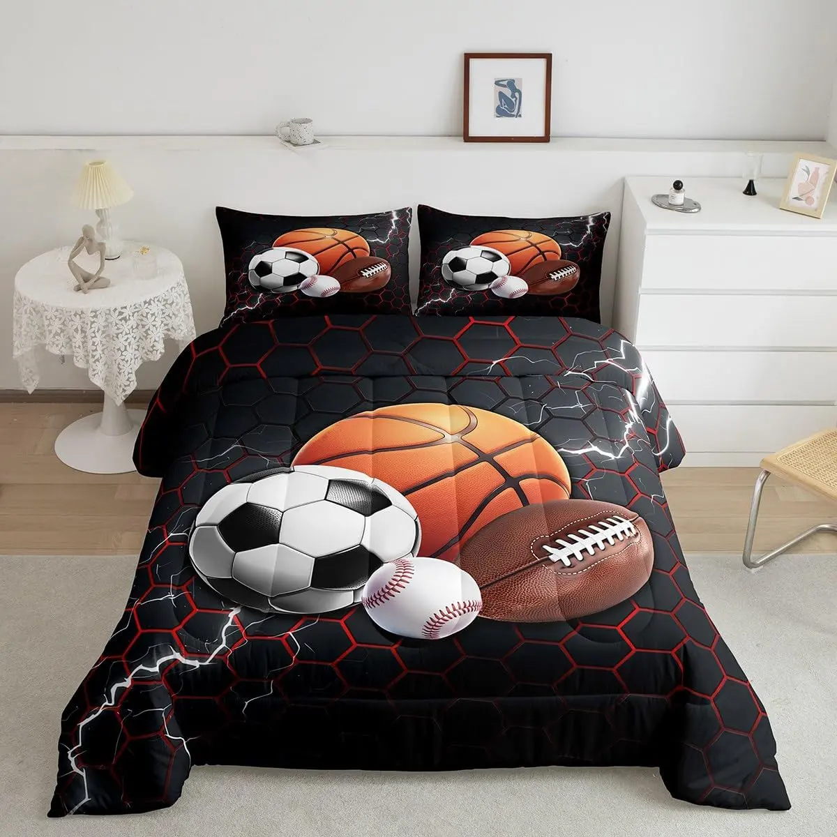 Basketball Comforter Set Rugby Sports Comforter Football Bedding Set Baseball Duvet Set Room Decor Balck Red Mixed Ball Quilt Set