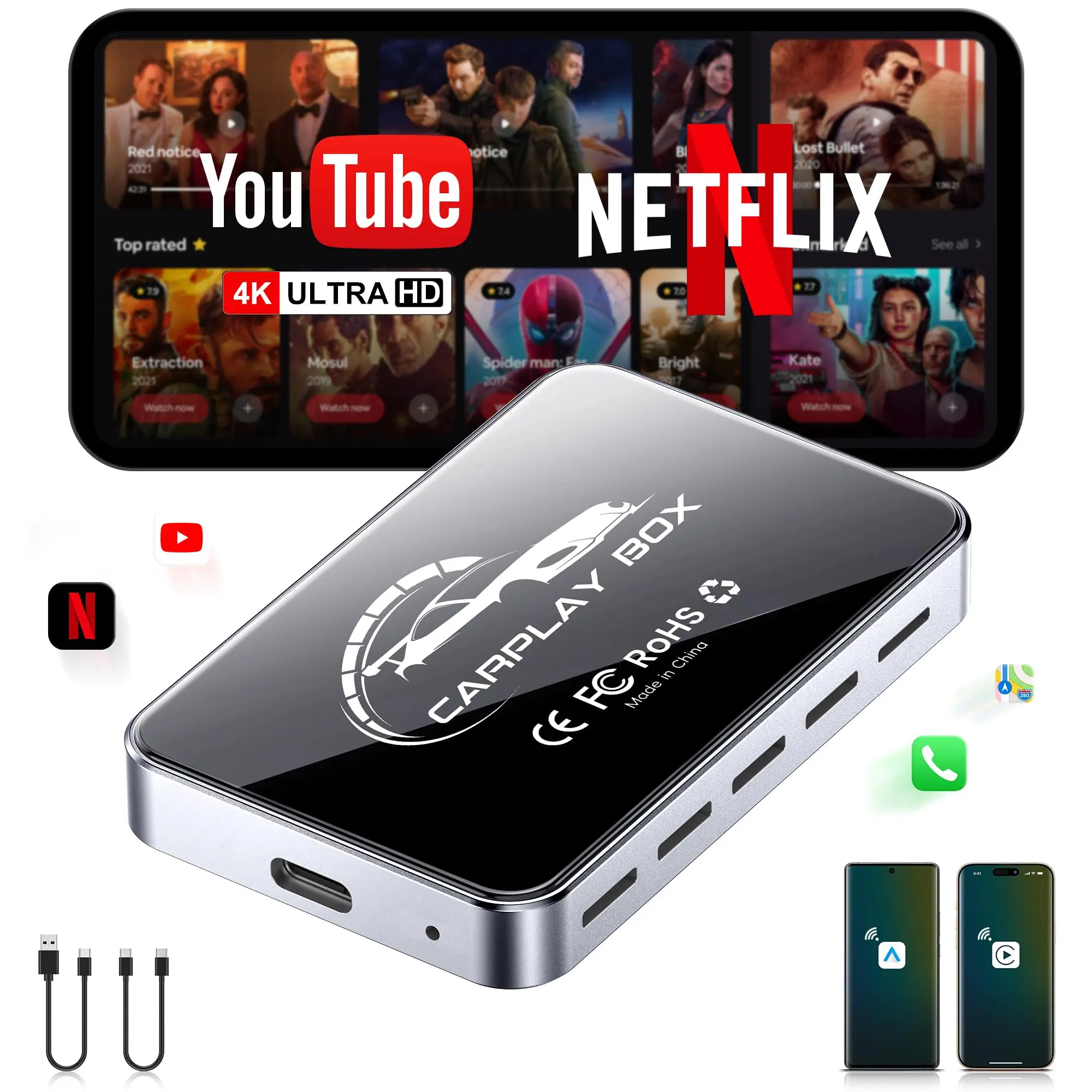Wireless Car Adapter: StreamNetflix/YouTube/TikTok/Google Play,Fits Factory Wired CarPlayVehicles  Fast Car Video BoxPlug & Play