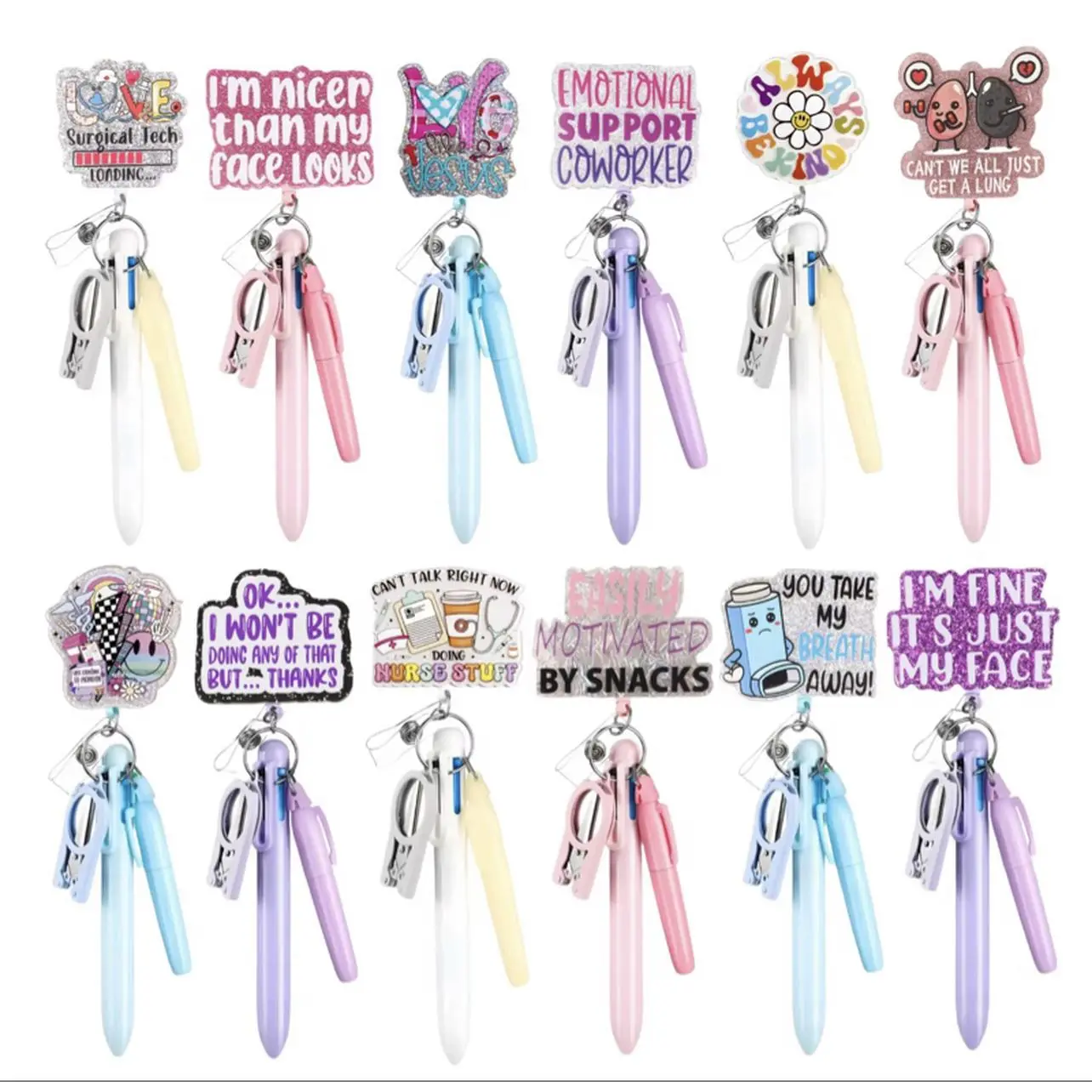 Nurse Retractable Plastic Badge Clips with Permanent Marker Pen Light Ballpoint Pen Foldable Scissor LED Flashlight Nurse Accessories