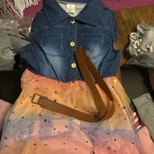 Girl's Denim-effect & Patchwork Belted Dress, Casual A Line Dress for Summer, Kids Clothes for Daily Wear, Collared Dress