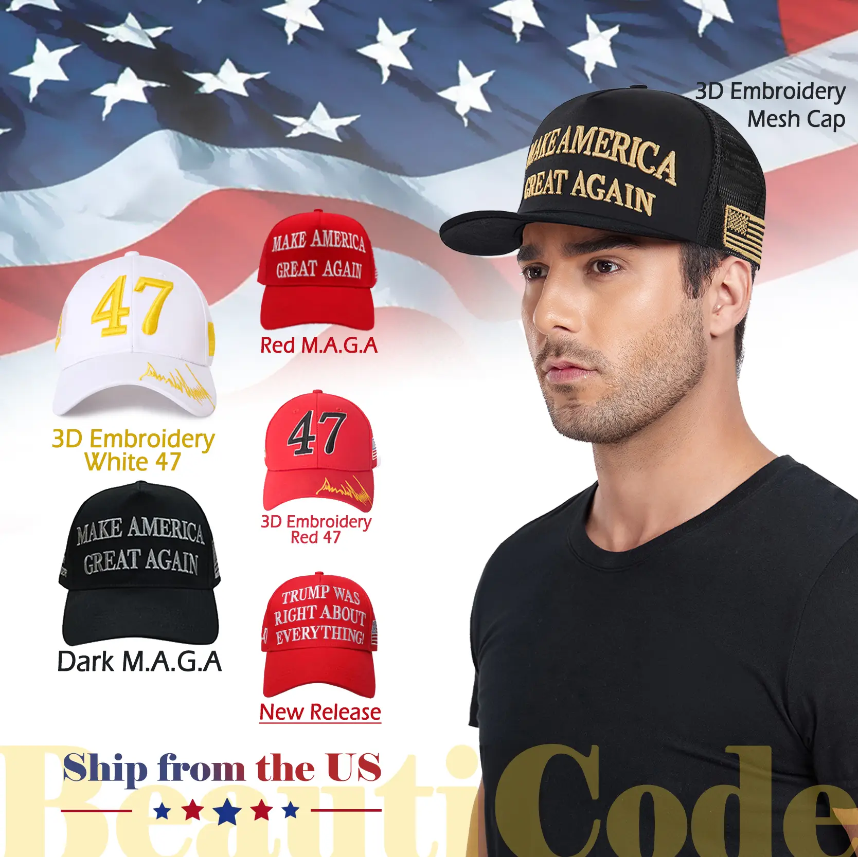 D.T M.A.G.A Hat - Baseball Cap with USA Flag, Slogan "Make. America. Great. Again" & "Never Surrender," Unisex, Presidents' Day