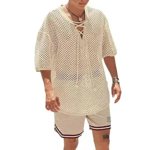 Mens Lace Up Beach Shirts Hollow Out V Neck Half Sleeve T Shirts Knit Crochet See Through Summer Tops