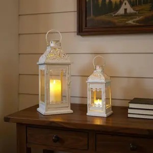 360 stand Bohemian 2-Piece Cream Distressed Filigree Metal Tabletop Lantern Candle Holder Set, Glass Centerpiece Home Decor, Ornament-Equipped Home Supplies Accessory, Two Pieces