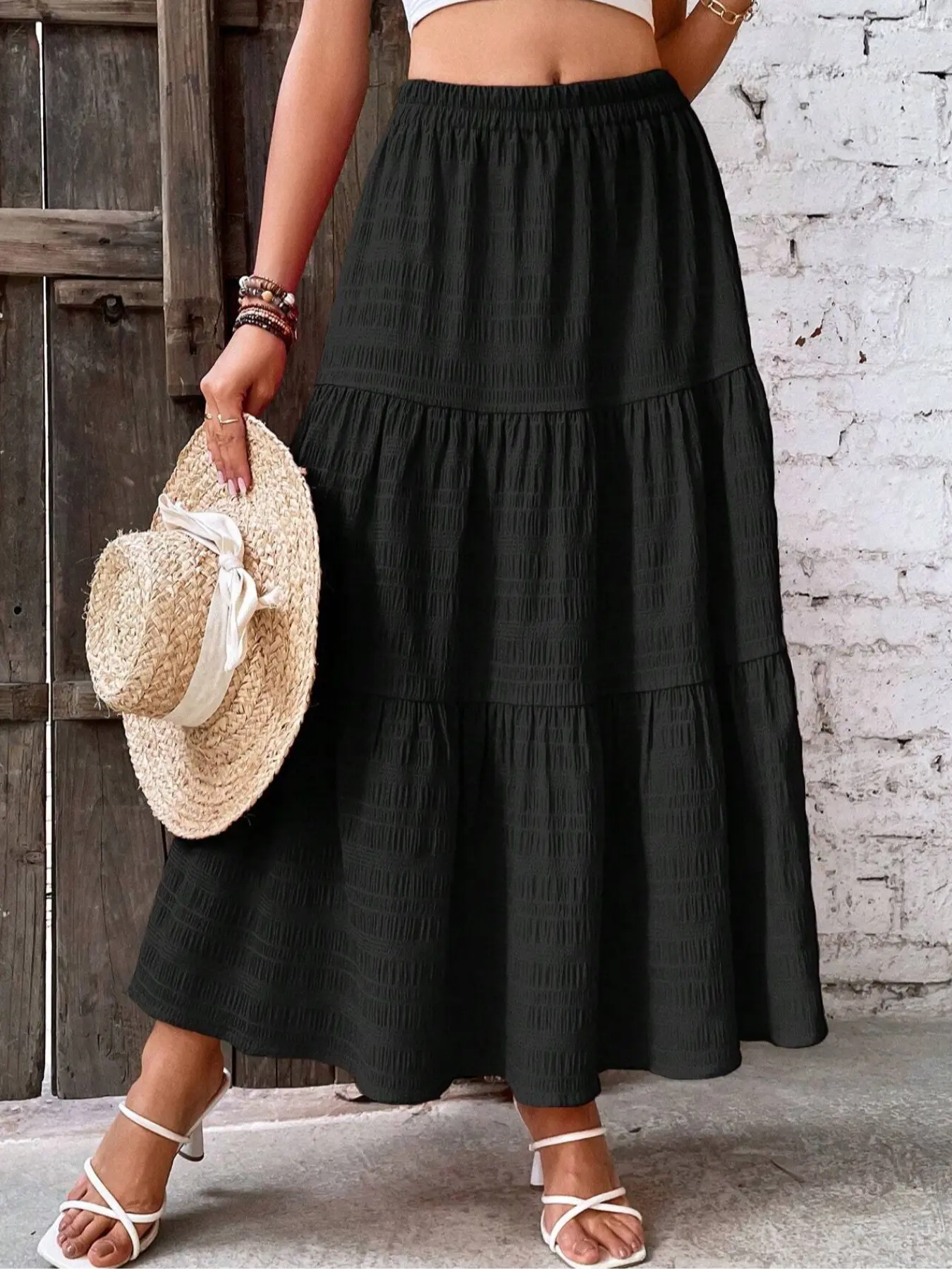 Women's Solid Color Textured Umbrella Skirt, Perfect for Commuting Casual Vacation, Fashionable Versatile Design
